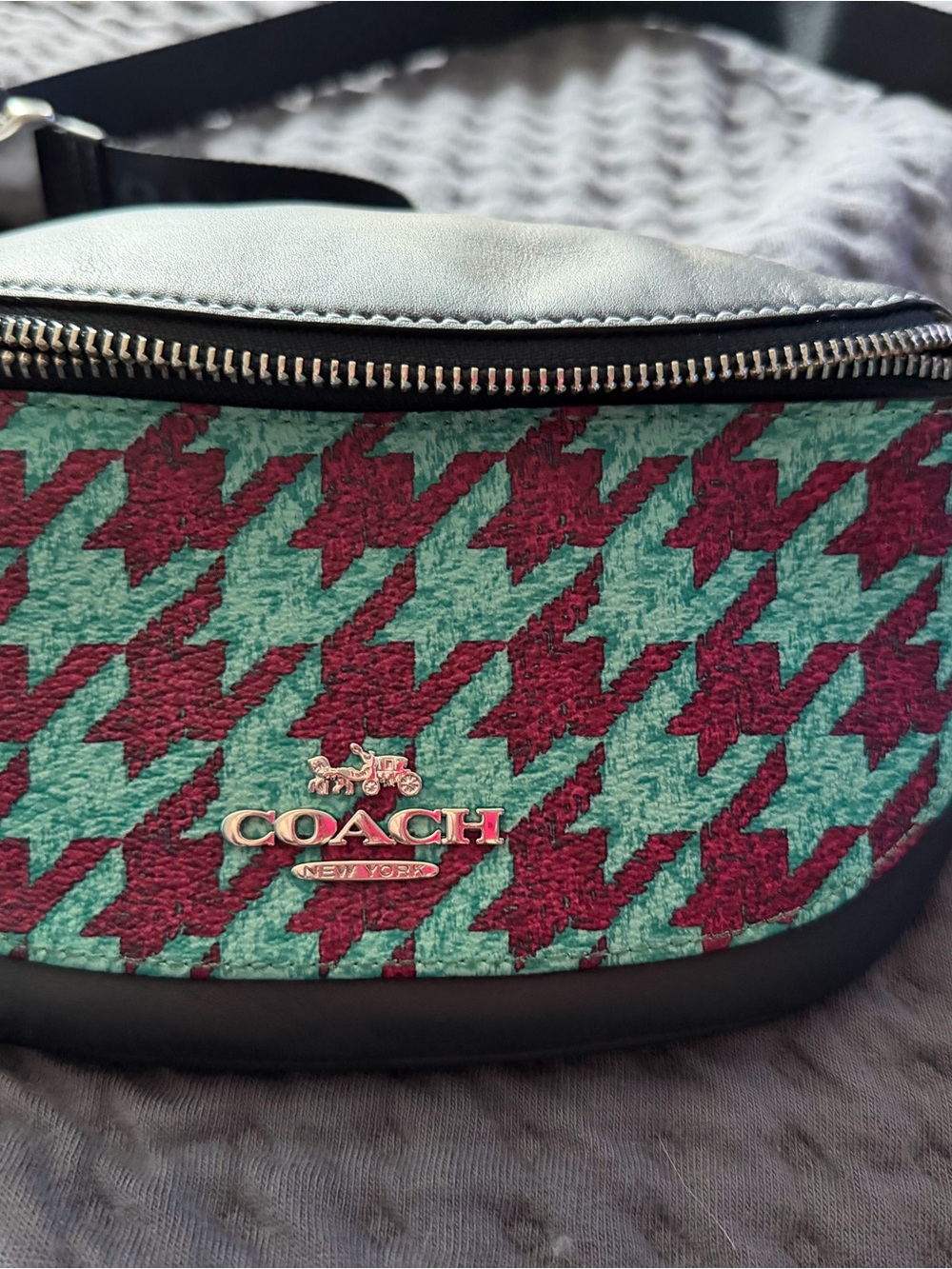 Coach Teal and Magenta Houndstooth Waist Bag with Black Trim